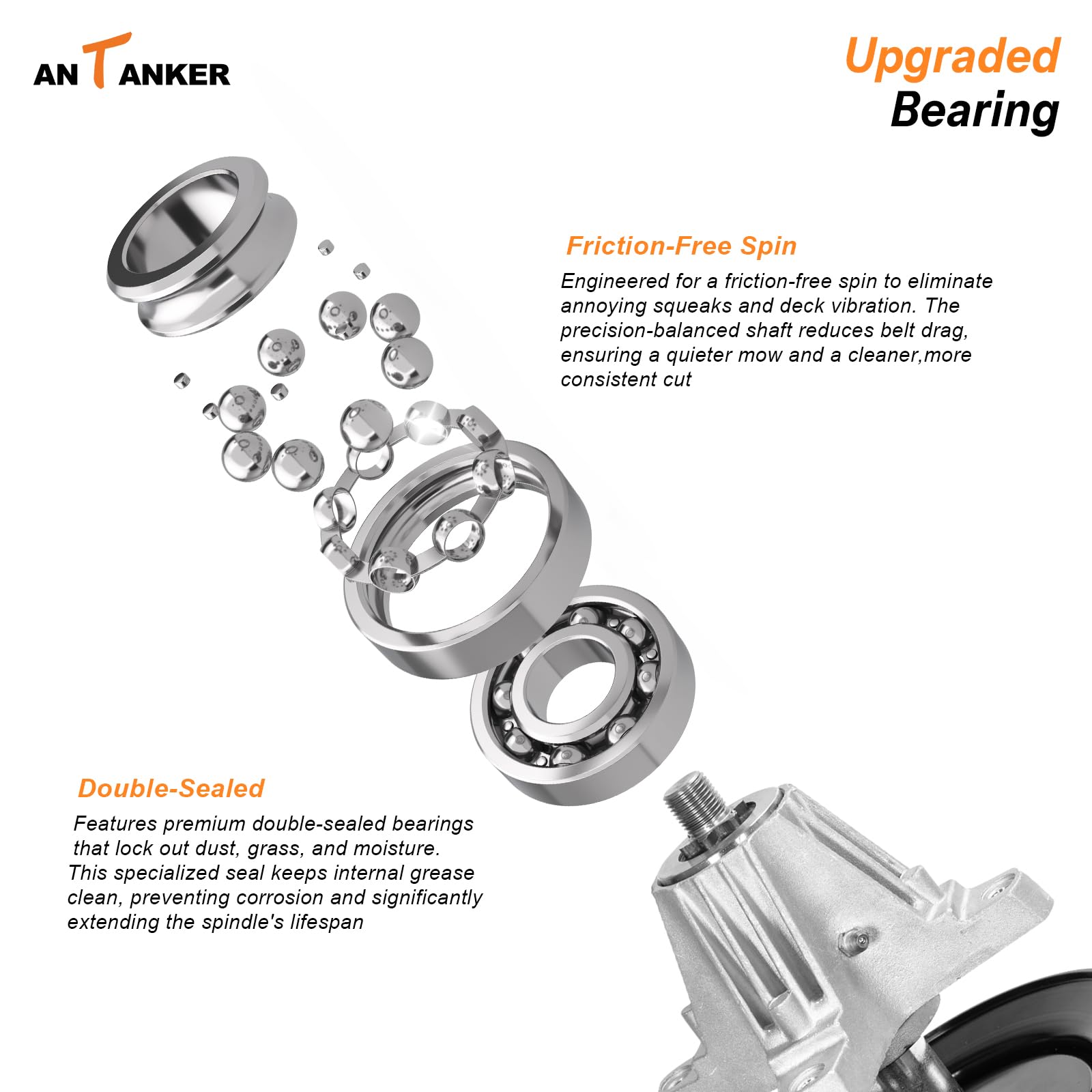 Antanker spindle mounted on a 42-inch deck demonstrating direct-fit compatibility