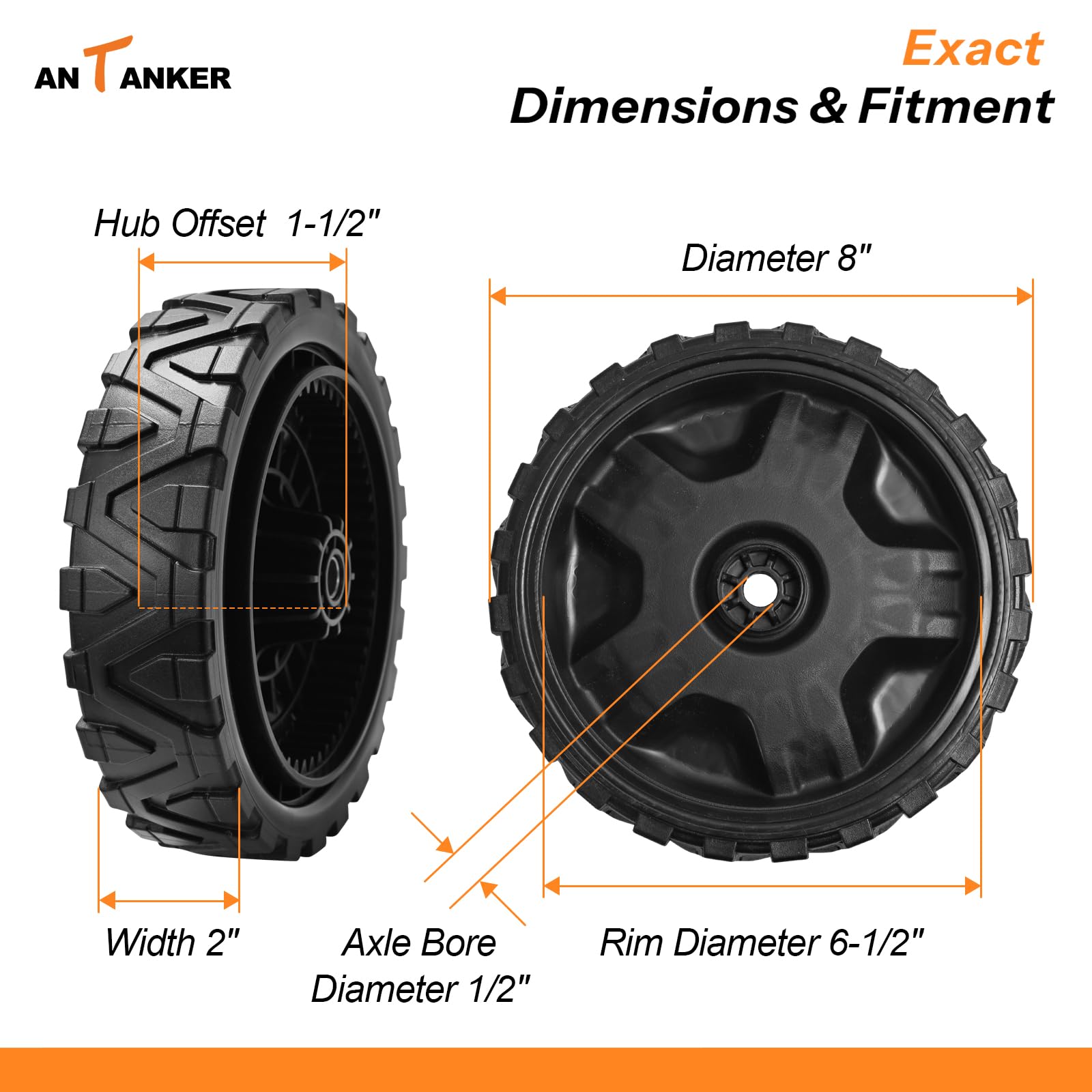 Antanker wheel side profile highlighting 8-inch diameter and 2-inch width durability
