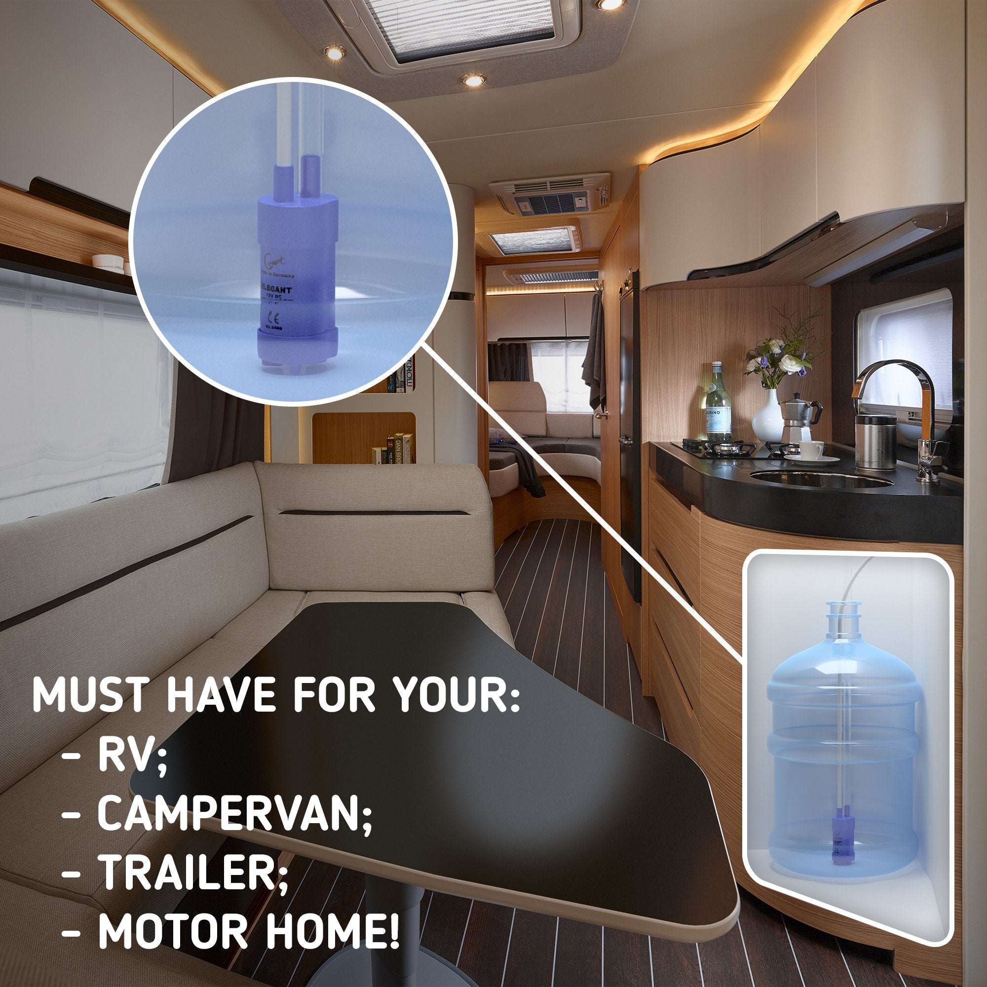 ANTARESWORLD pump on RV counter showing convenient installation for campers