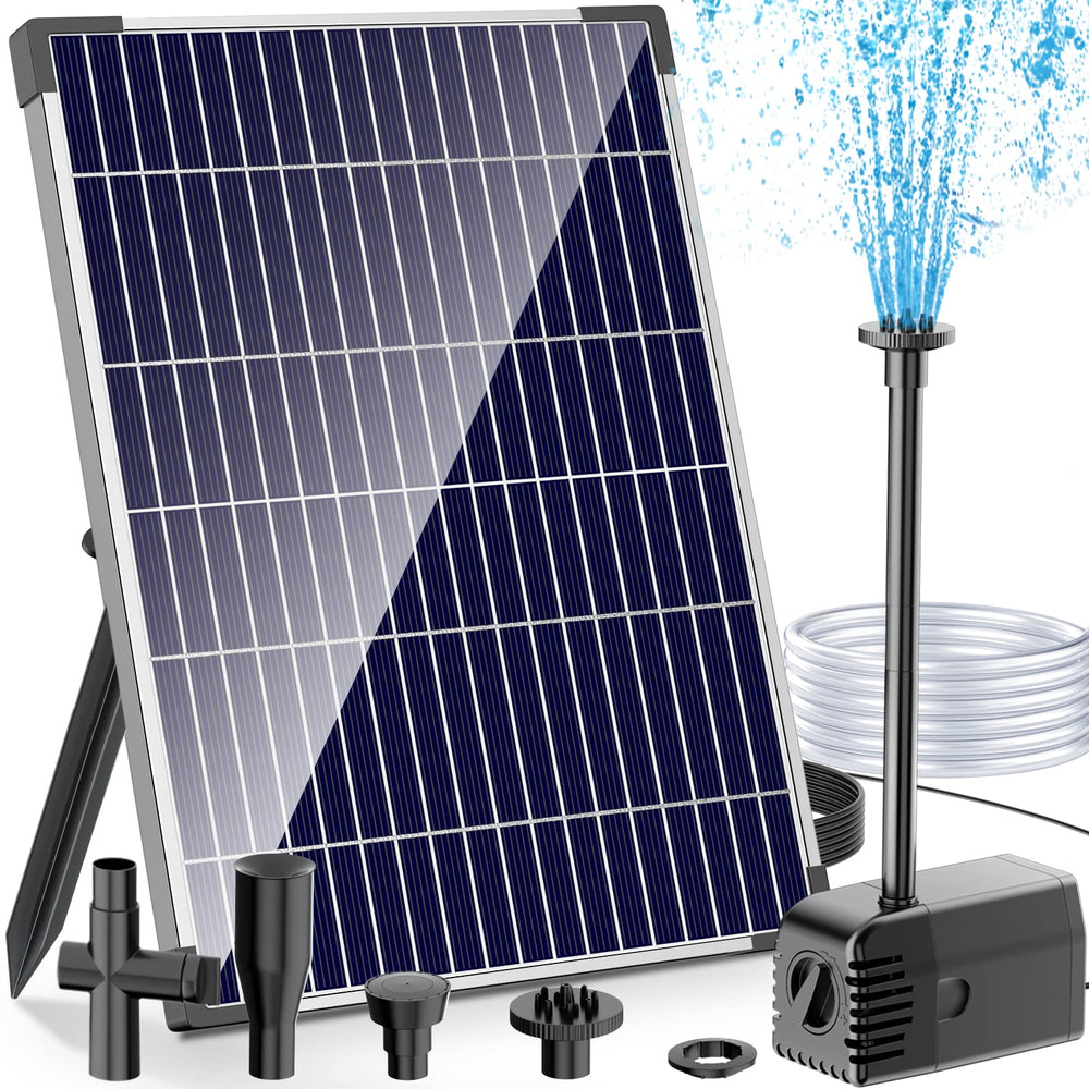 Antfraer front view of solar panel and pump kit showing included parts and benefit of complete system