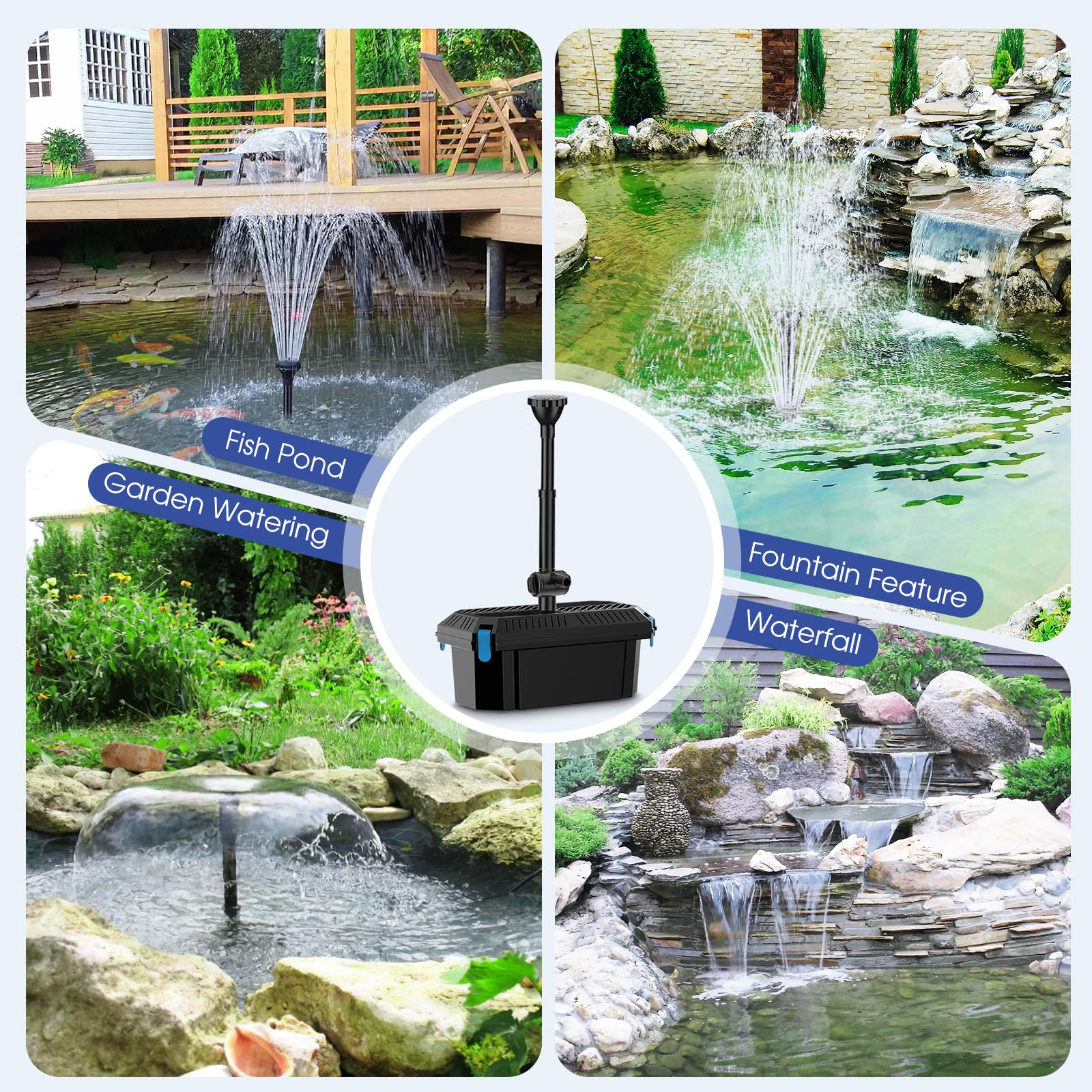 antfraer pump installed in a garden pond demonstrating water circulation and healthier water appearance benefit