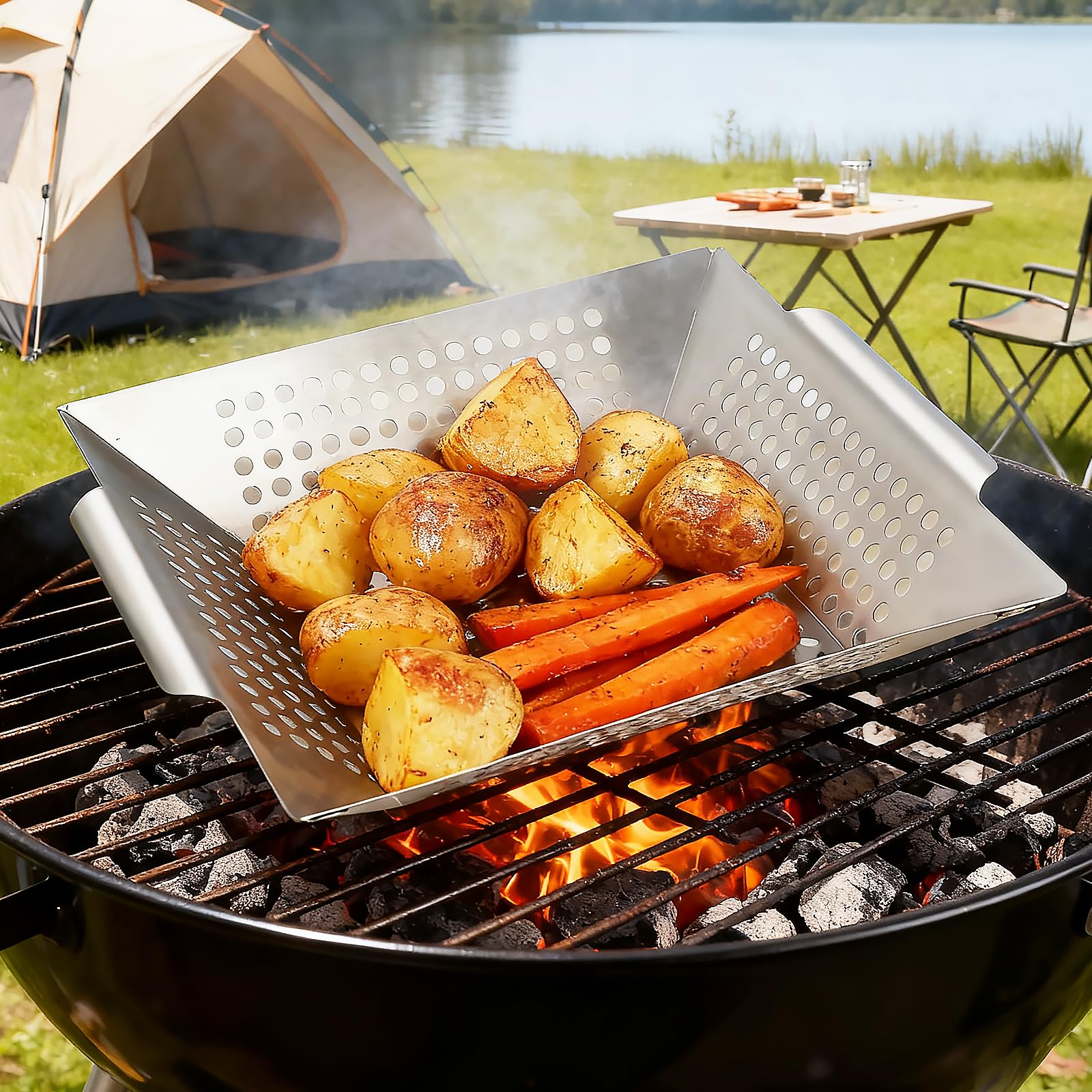 Anveena basket on charcoal grill keeping vegetables intact and smoky