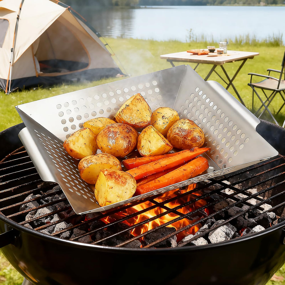 Anveena basket on charcoal grill keeping vegetables intact and smoky