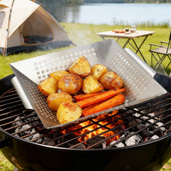 Anveena basket on charcoal grill keeping vegetables intact and smoky