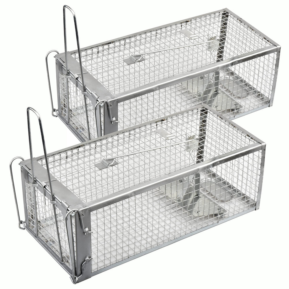 Anyhall front view of two packaged cage traps showing size and finish, practical solution