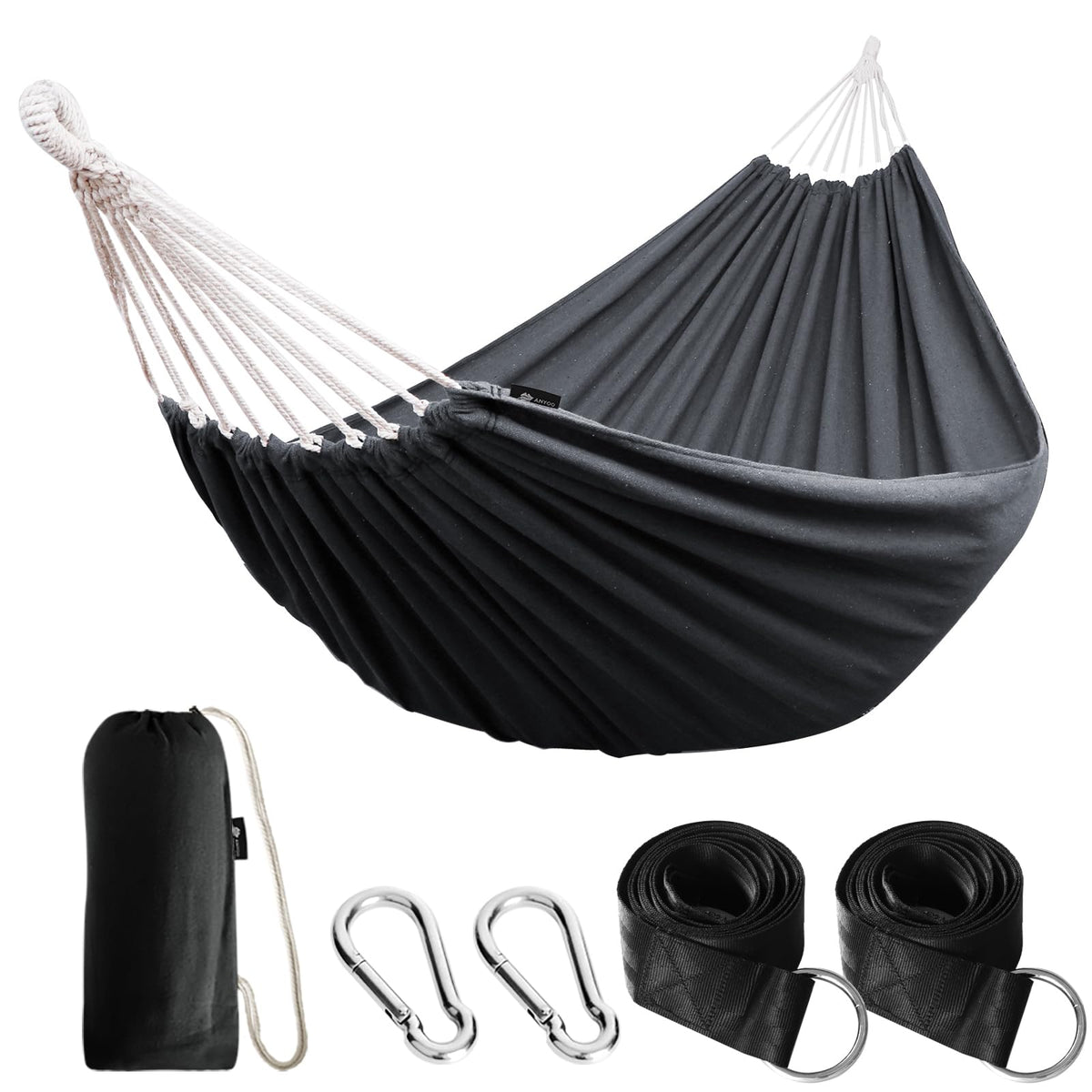 ANYOO front view hammock hung between trees showing comfy setup and portability