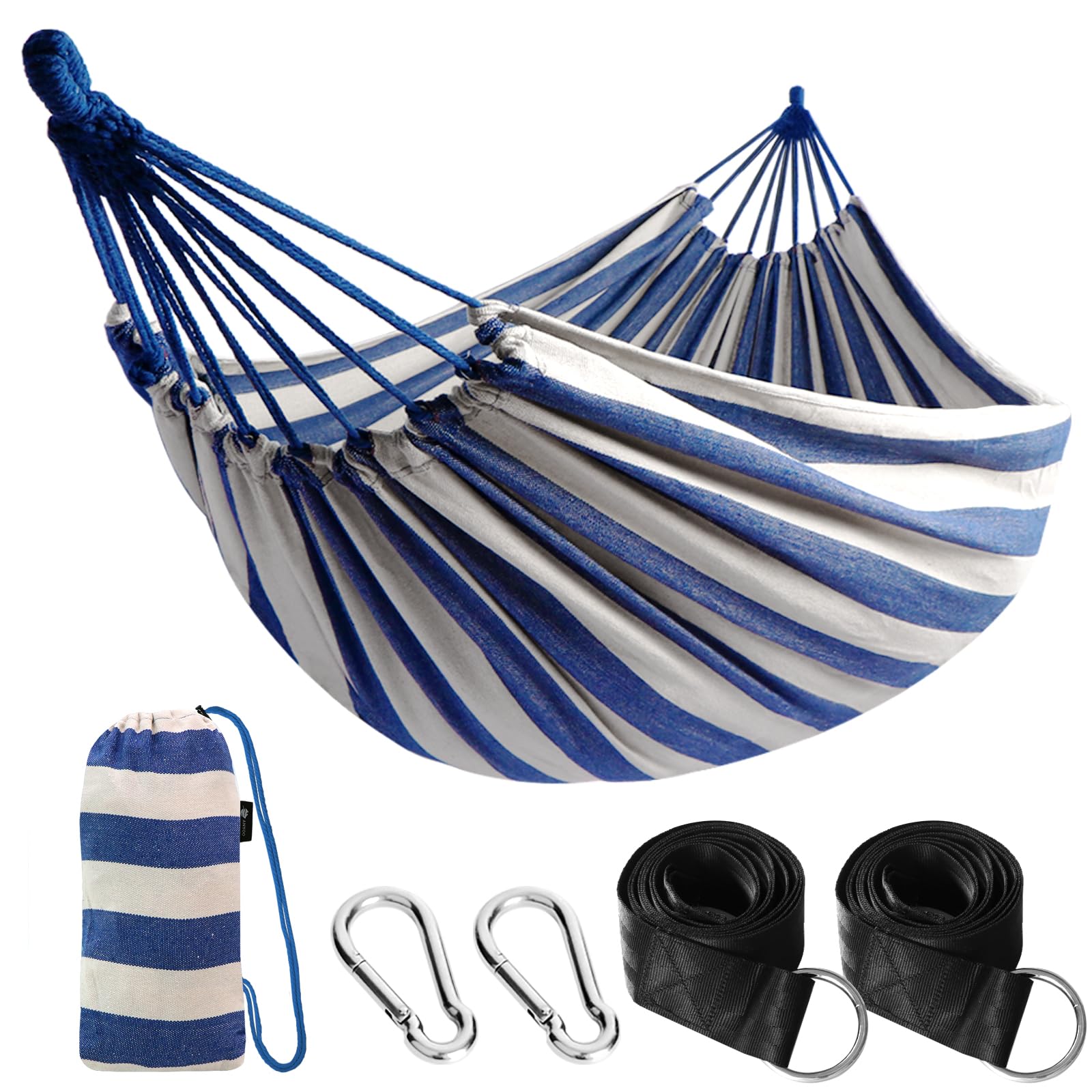 ANYOO hammock front view showing full cotton bed and suspension benefits