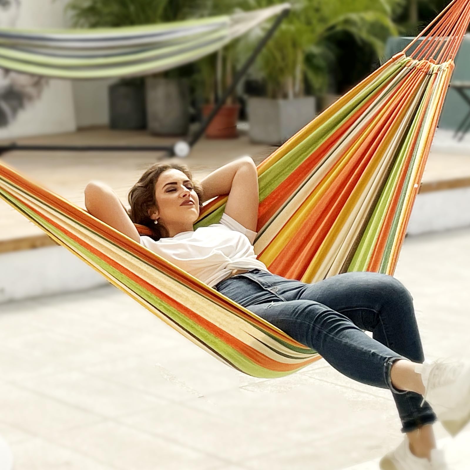 ANYOO hammock fabric edge and stitched label showing reinforced construction