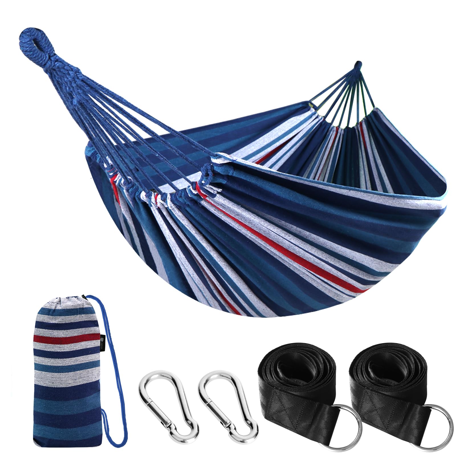 ANYOO hammock front view showing full cotton bed and anti-rollover shape for stable comfort