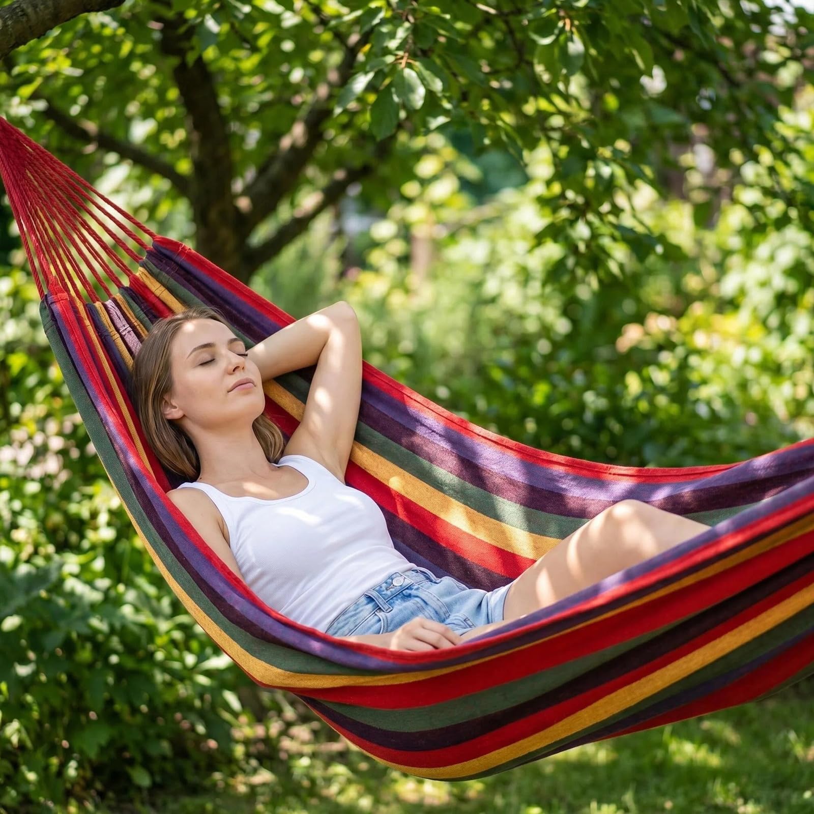 ANYOO hammock hung in backyard to show relaxation and leisure use