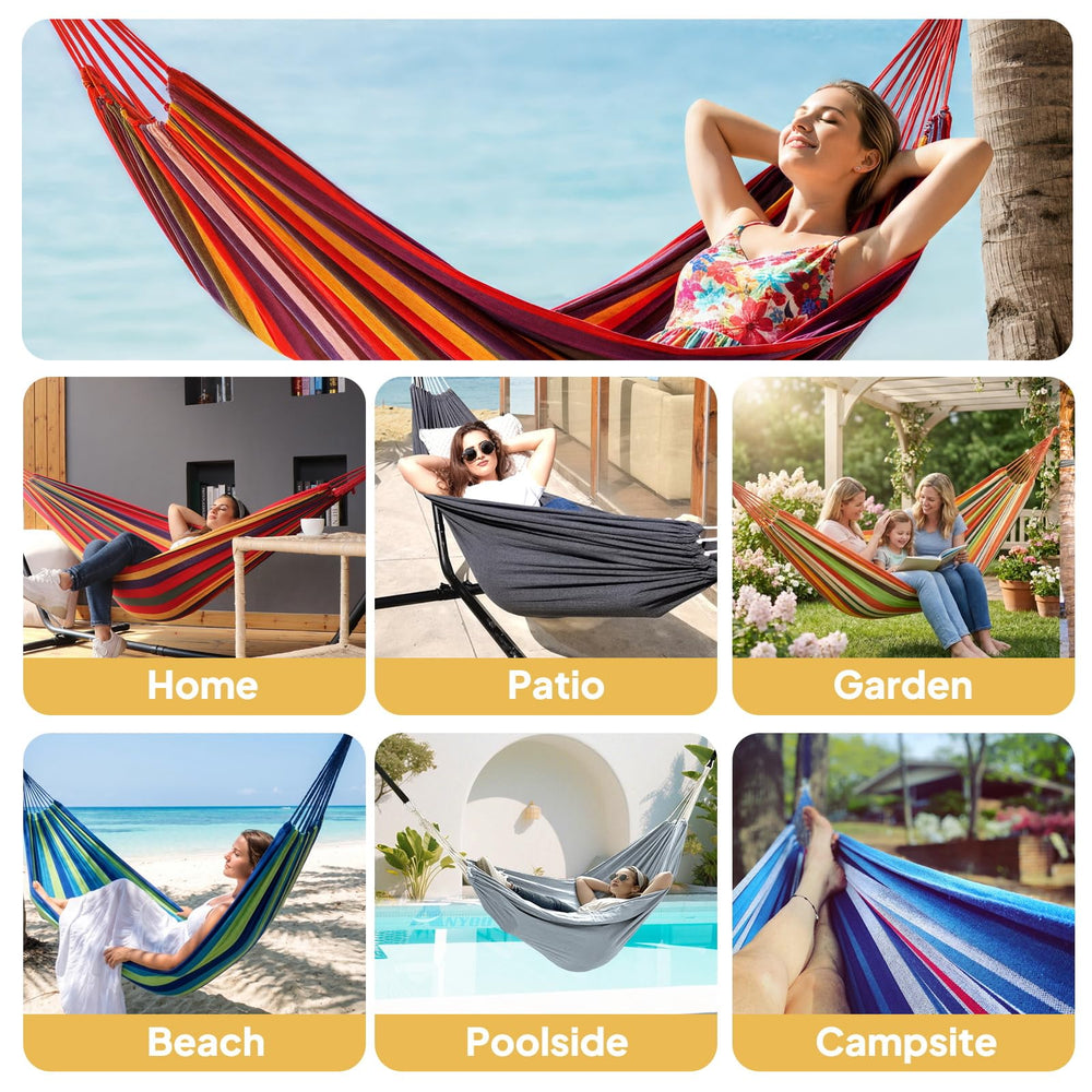 ANYOO hammock with person for scale showing roomy 660 lb support