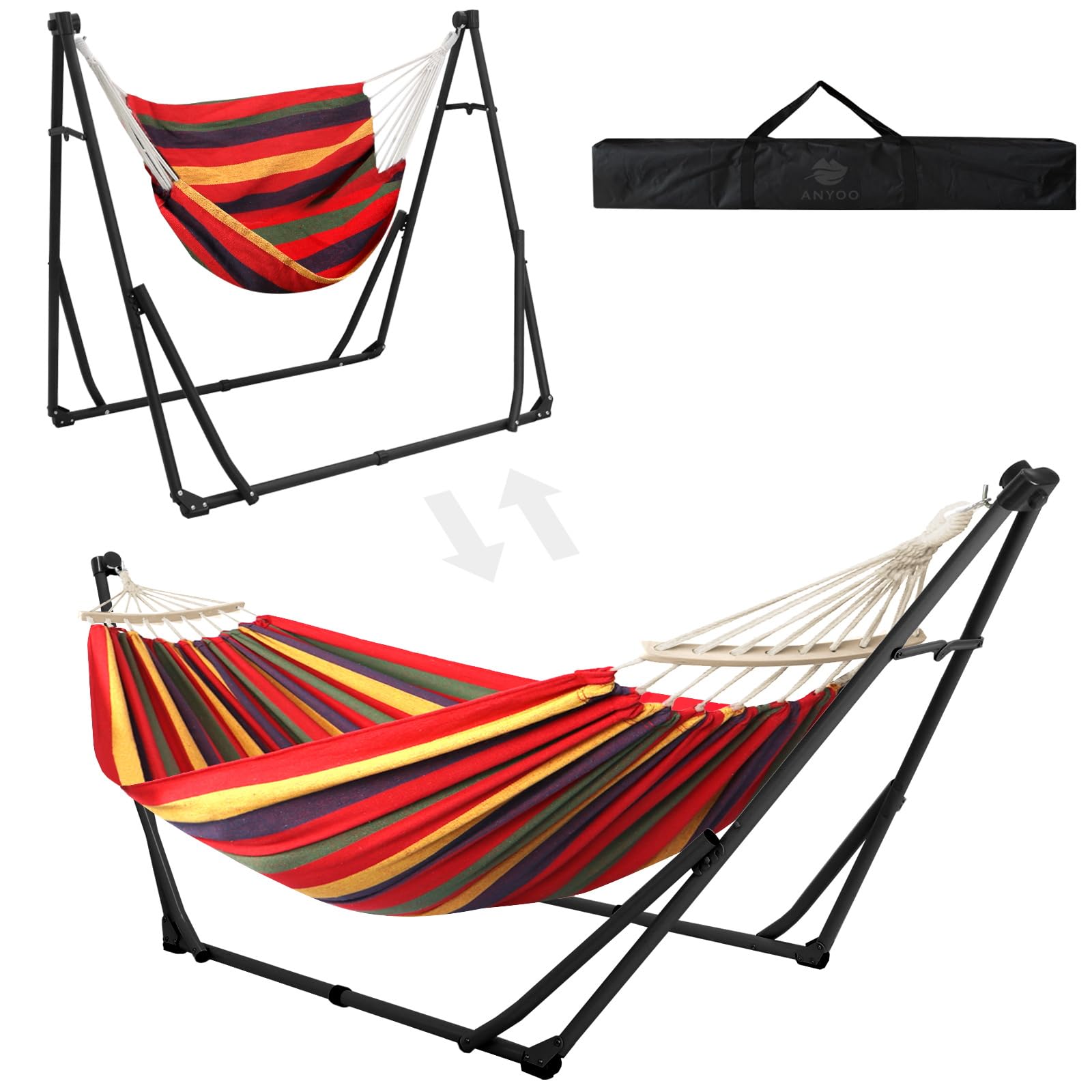 ANYOO front view of assembled hammock stand showing stable frame and comfortable fabric