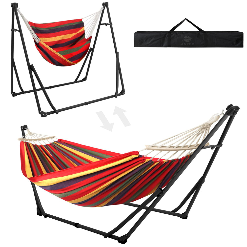 ANYOO front view of assembled hammock stand showing stable frame and comfortable fabric