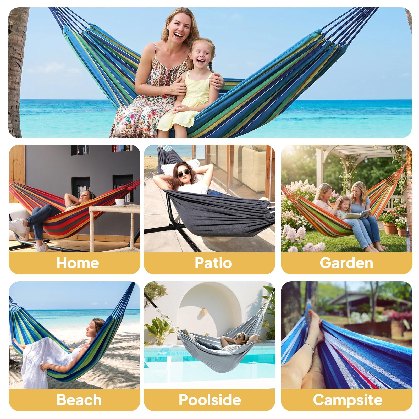 ANYOO hammock with person to show scale and 660-pound capacity