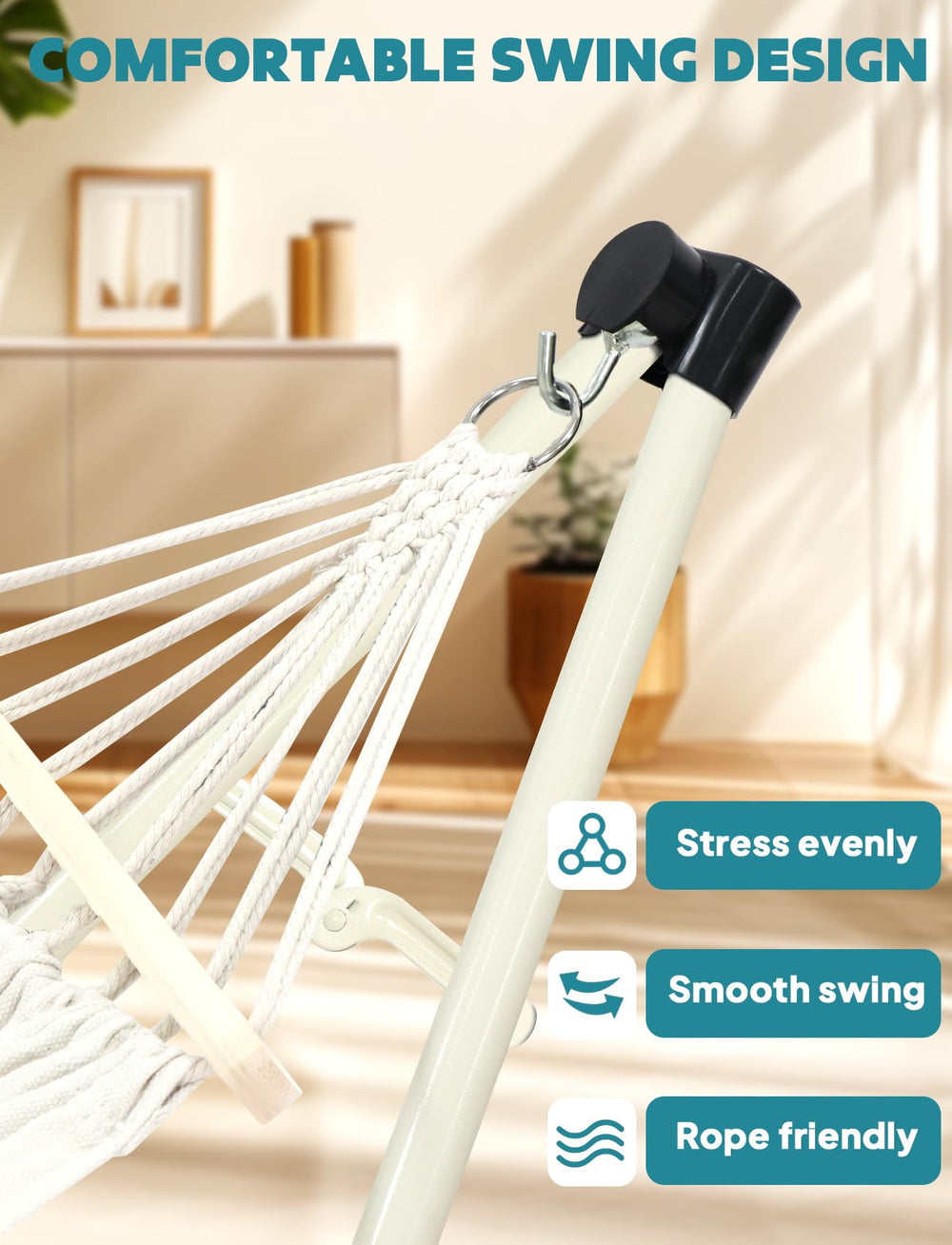 ANYOO side profile of horizontal hammock setup showing restful lounging benefit