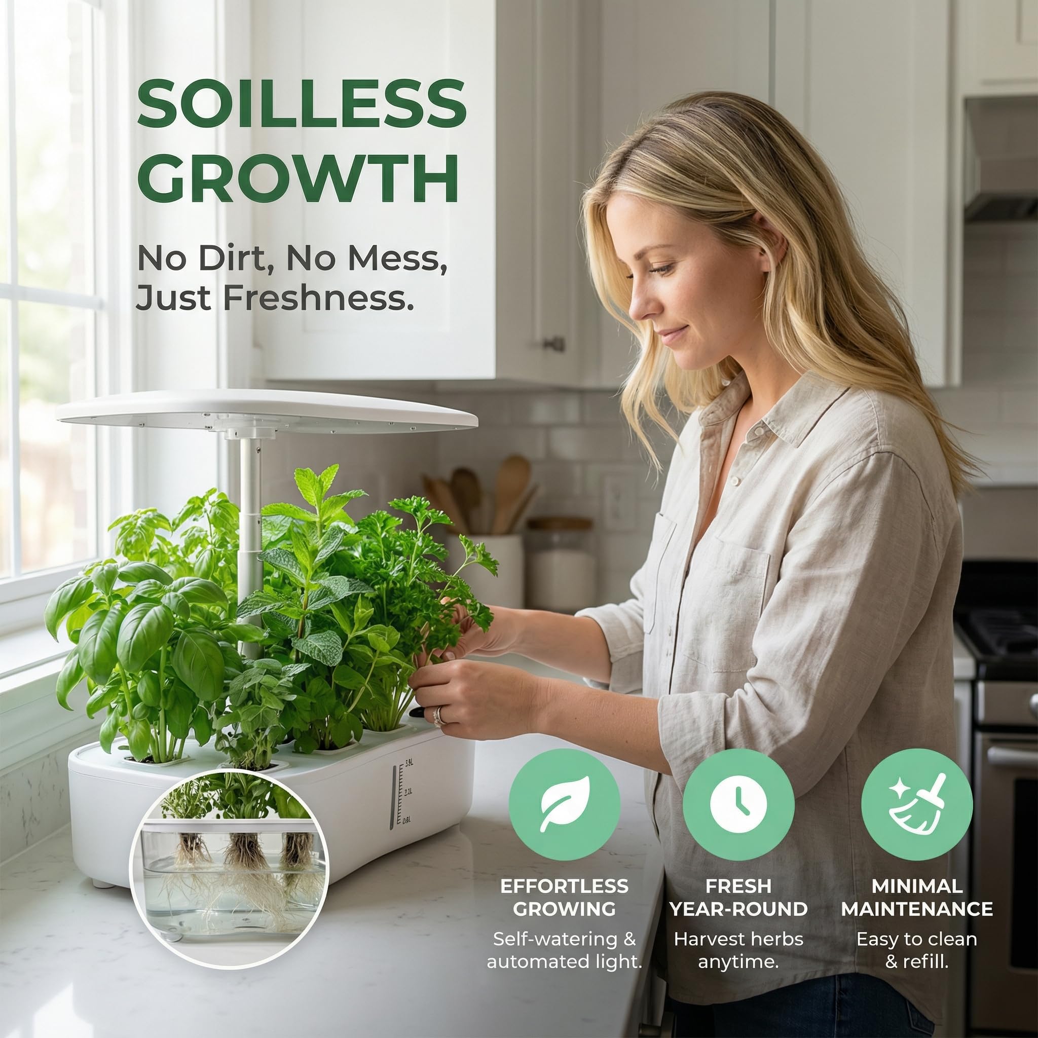 Anzorio on kitchen counter with herbs growing, showing fresh cooking convenience
