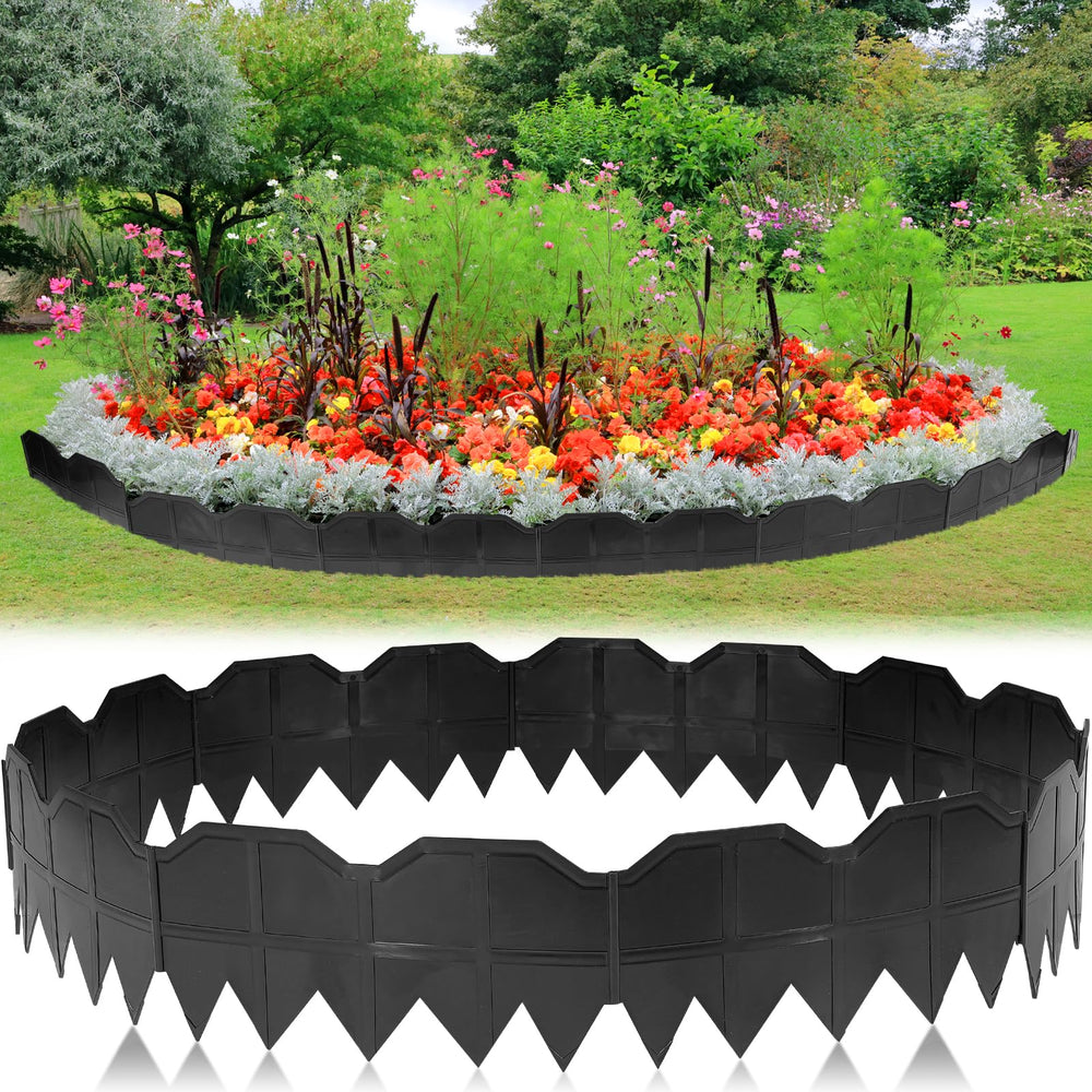 Aobiono front packaging showing 20 ft black edging and components for quick setup