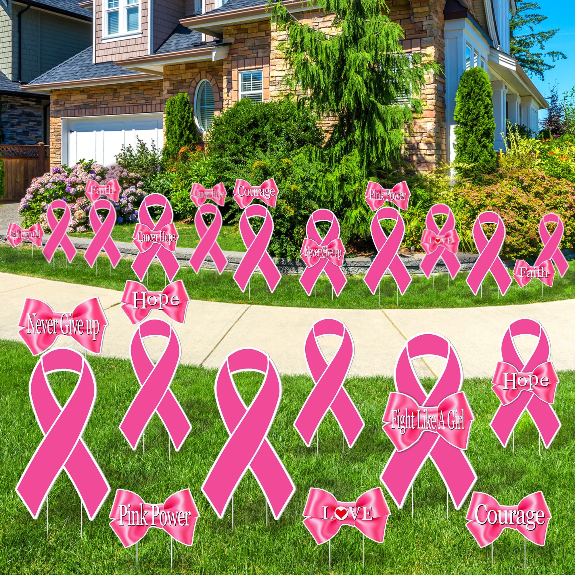 Aodaer front view of the 16-piece pink ribbon yard sign set showing contents and benefit of easy display