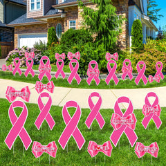 Aodaer front view of the 16-piece pink ribbon yard sign set showing contents and benefit of easy display