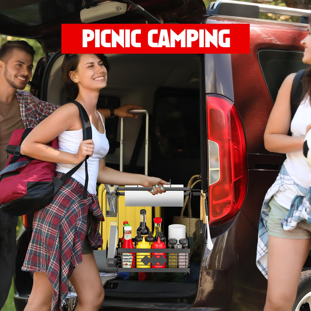 Aofmee caddy in use at a backyard BBQ keeping supplies within reach
