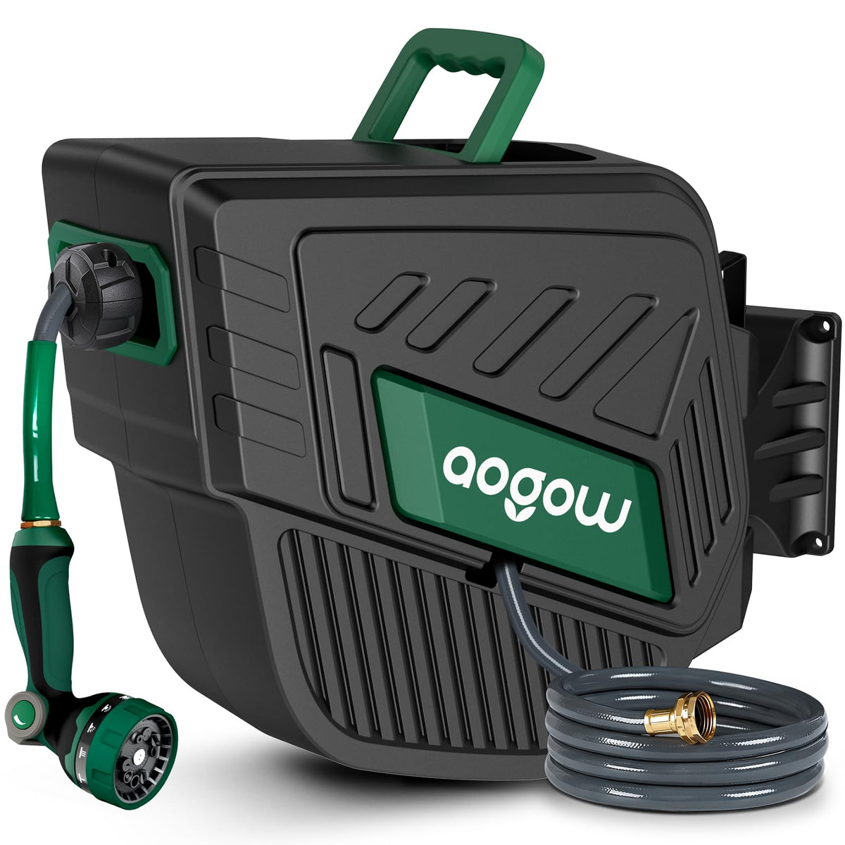 AOGOW front view of wall-mounted reel showing neat hose storage and convenience