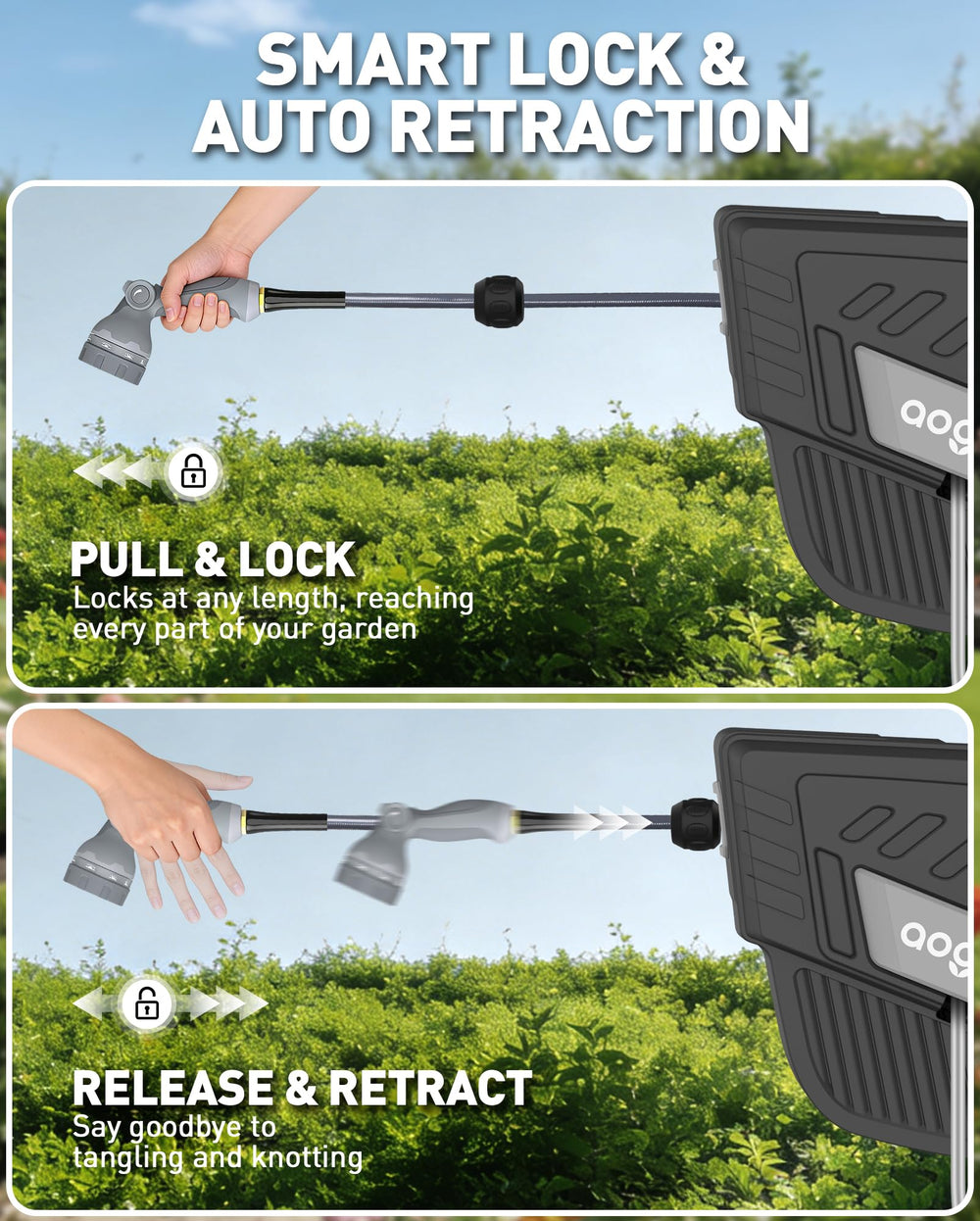 AOGOW hose fully extended across lawn demonstrating long reach for gardening tasks