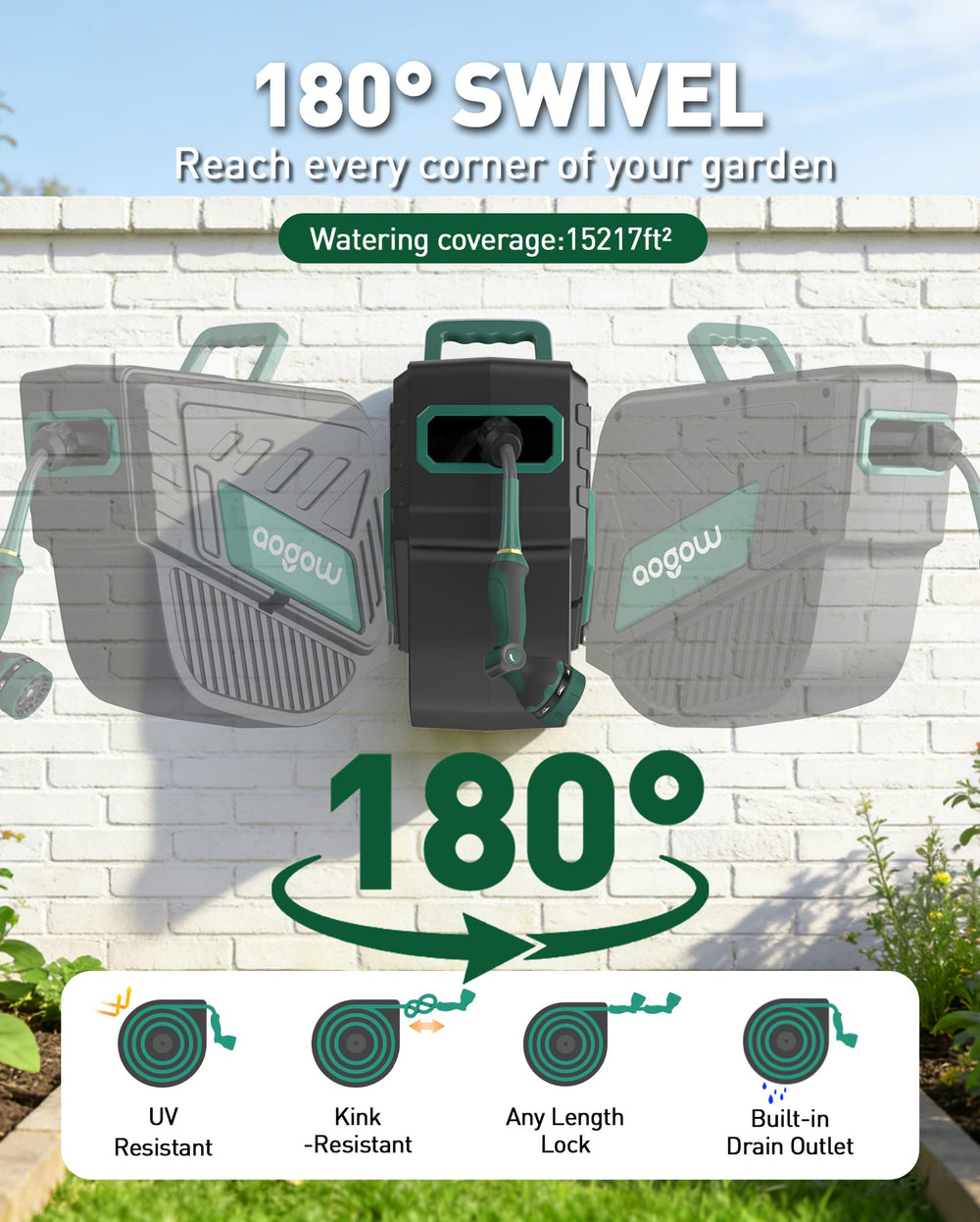 AOGOW showing slow auto-rewind system to prevent kinks and extend hose life