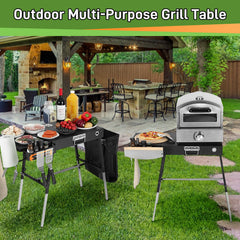 AOKEMAi grill table close-up of condiment caddy and utensil hooks for convenience