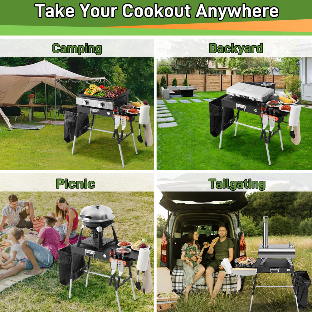 AOKEMAi grill table in camping setup with griddle and organized gear for effortless cooking