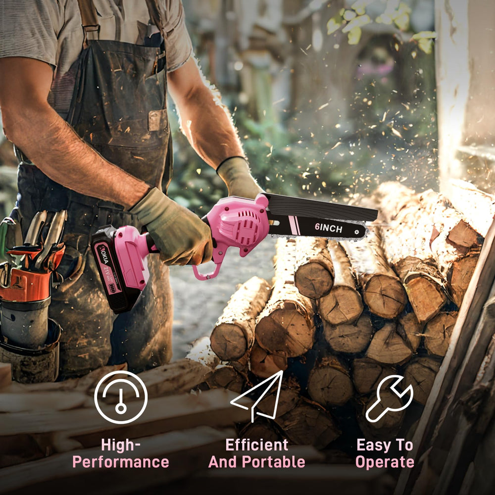 Aokia chainsaw next to a 6-inch branch to show cutting capacity and size scale