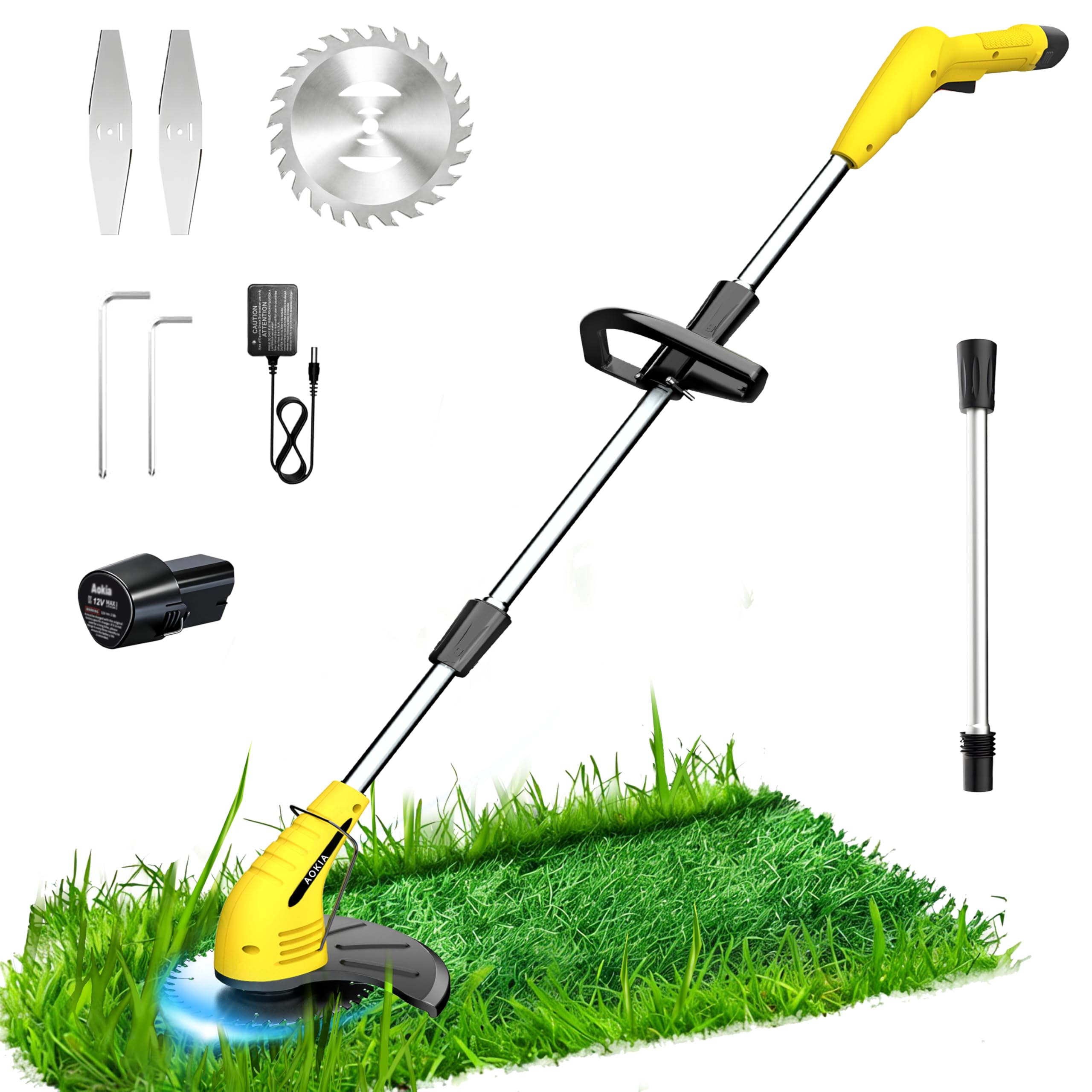 Aokia weed wacker front view showing controls and compact body for easy handling