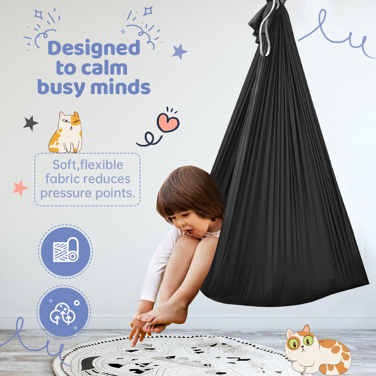 Teen reclining in Aokitec cuddle hammock showing relaxation and body awareness