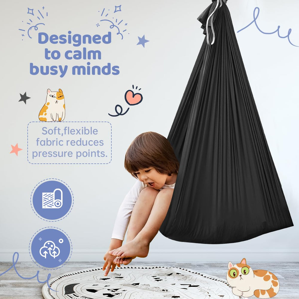 Teen reclining in Aokitec cuddle hammock showing relaxation and body awareness