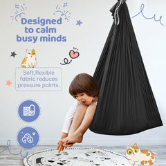 Teen reclining in Aokitec cuddle hammock showing relaxation and body awareness