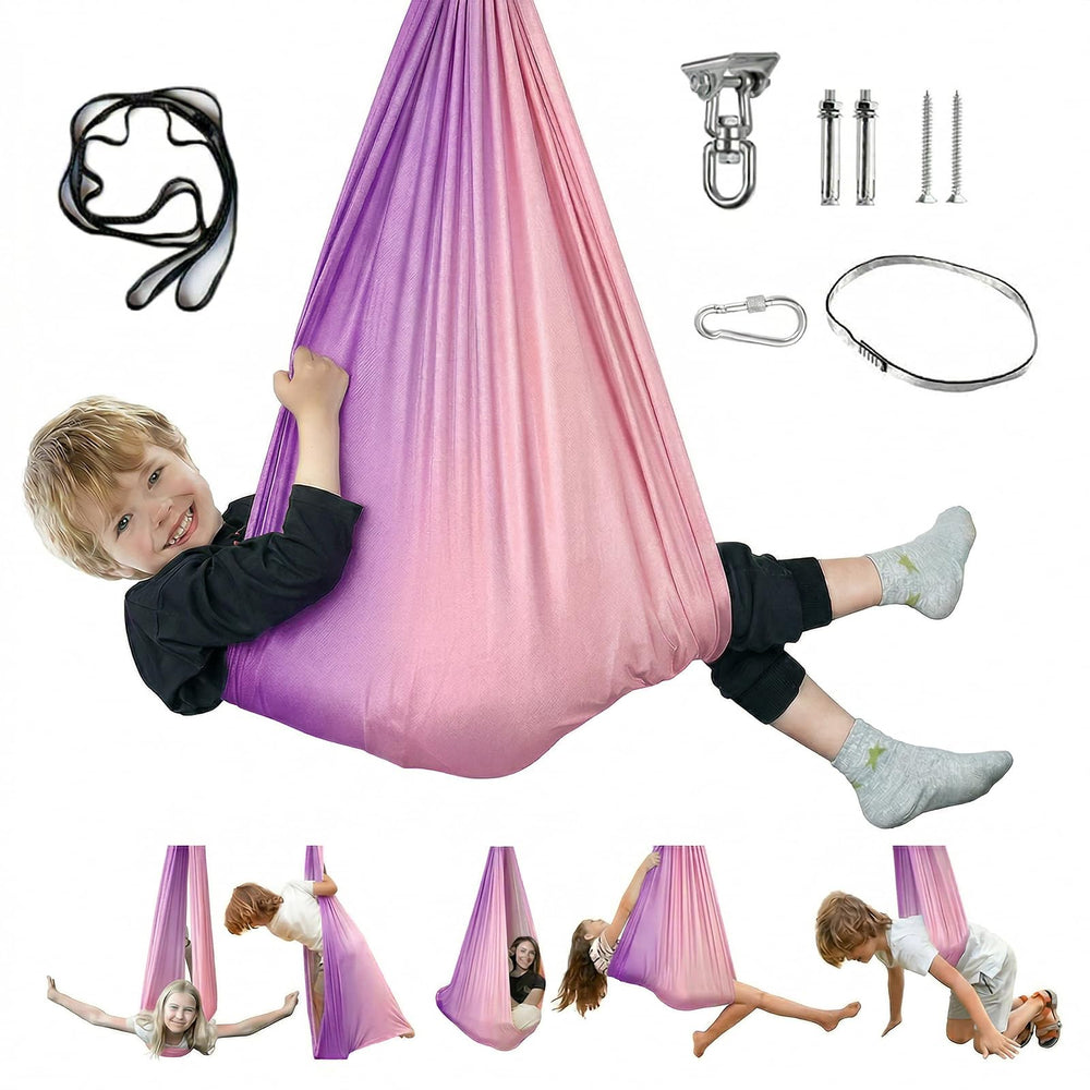 Aokitec front view of sensory hammock showing cocoon shape and calming benefit