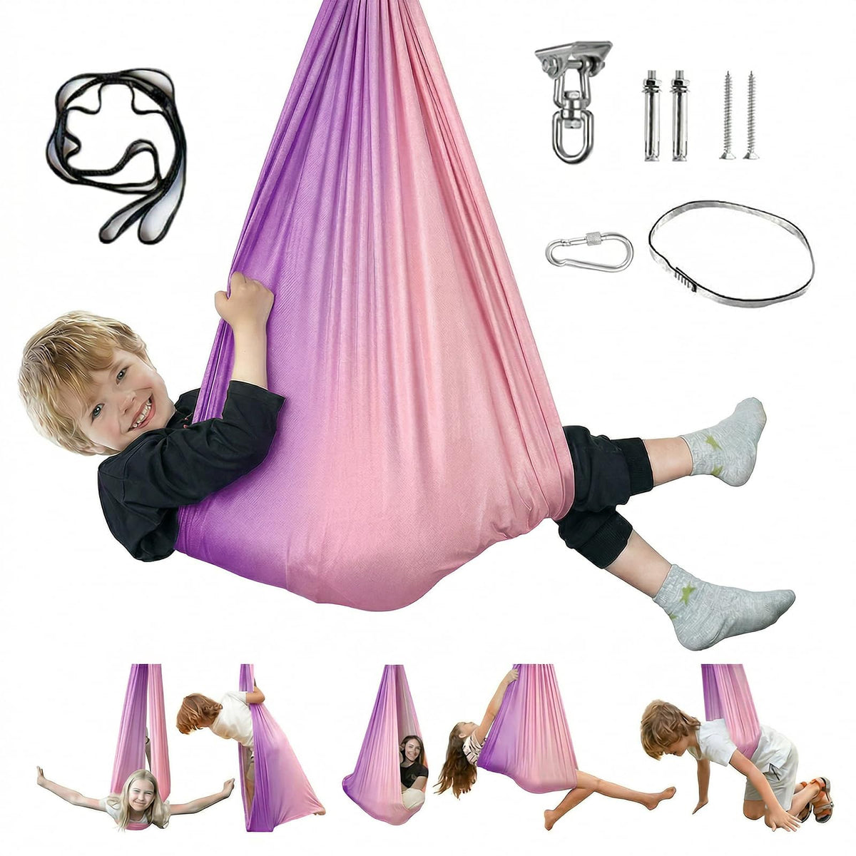 Aokitec front view of sensory hammock showing cocoon shape and calming benefit