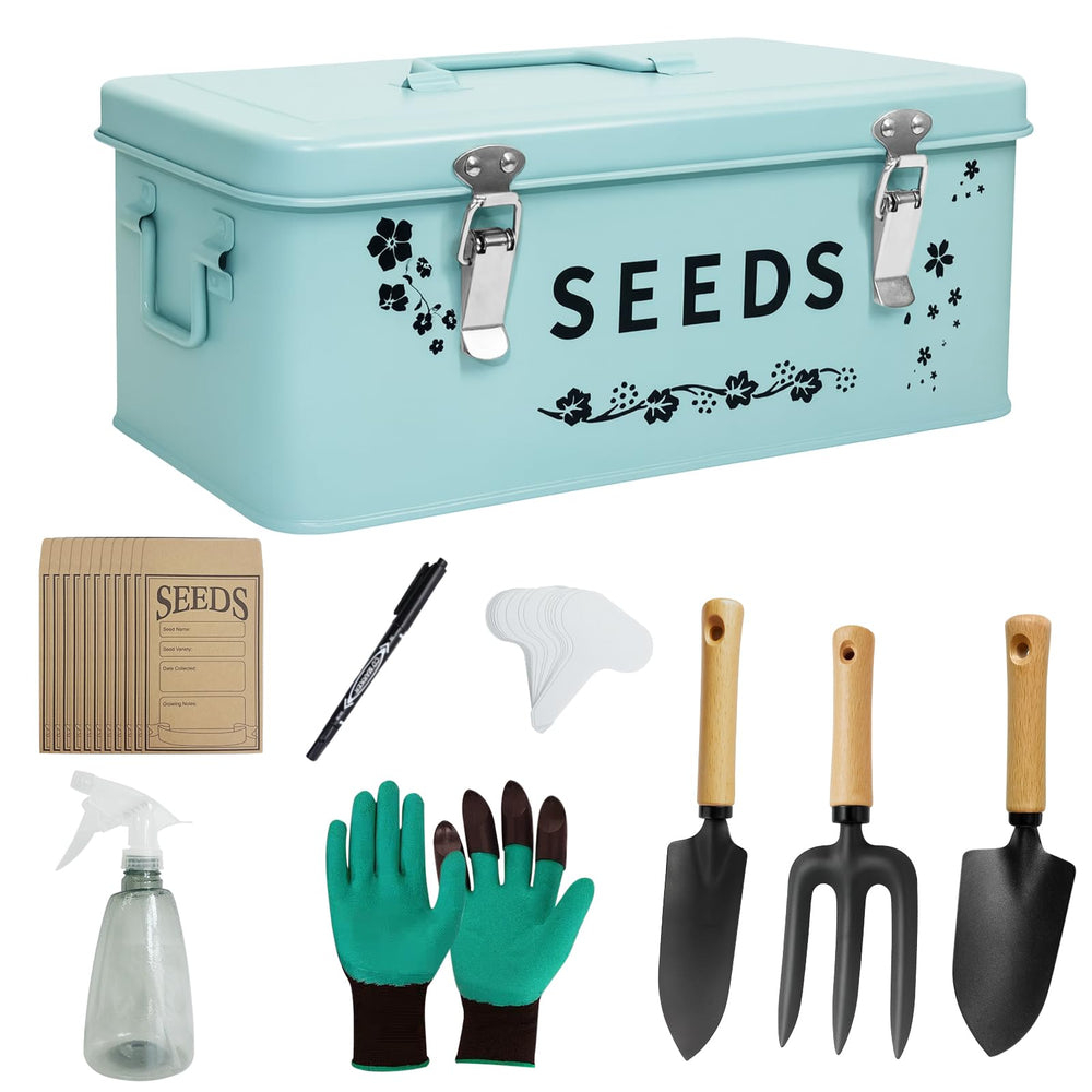 Aolldy front view of metal seed organizer showing compact portability and neat storage
