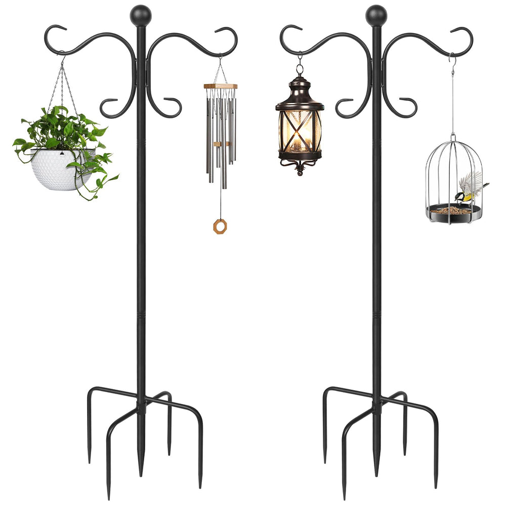 AOMGD front view of two adjustable shepherd hooks showing retro double hooks and steel poles, clear display benefit
