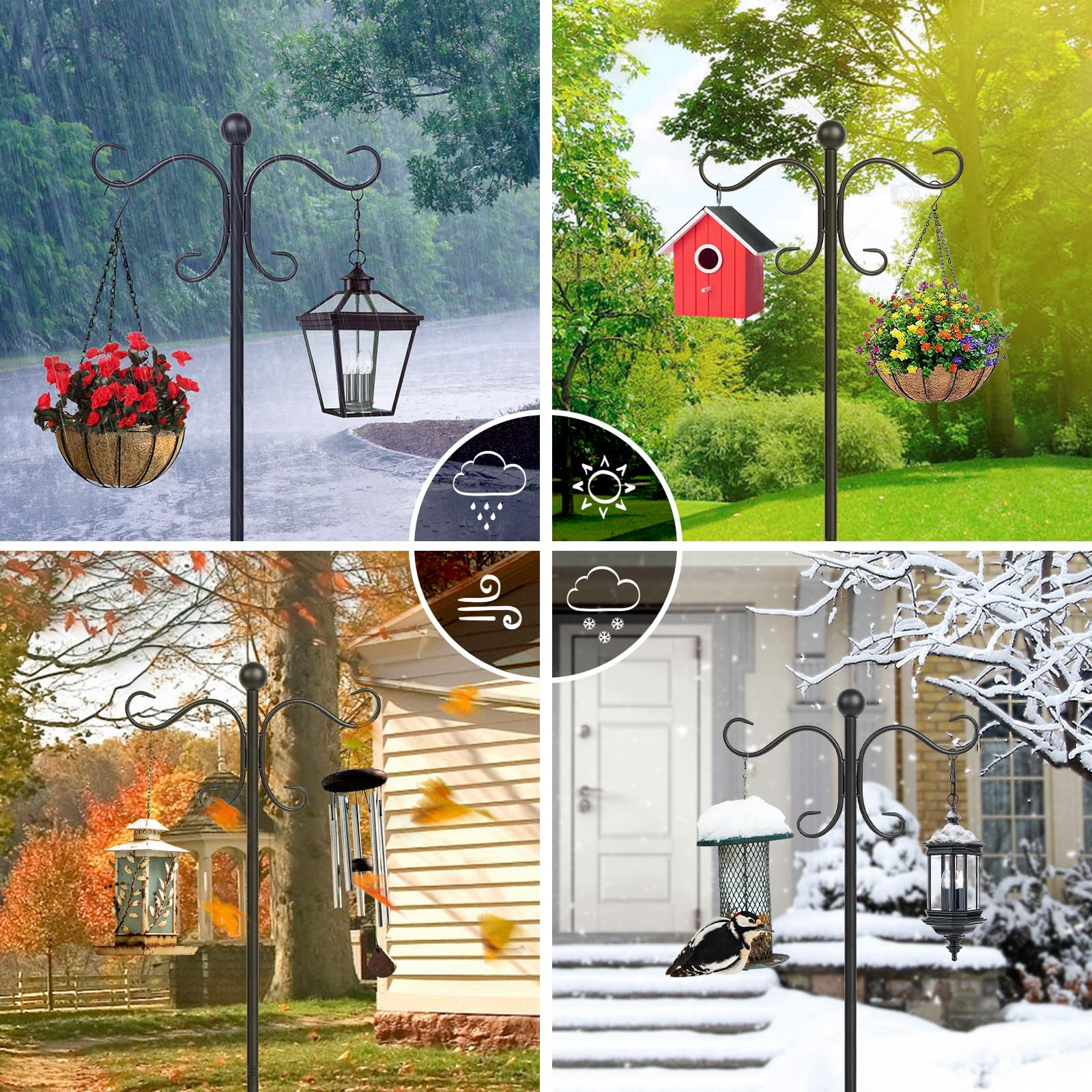 AOMGD in-use scene with hummingbird feeder and hanging planter illustrating dual-hanging convenience