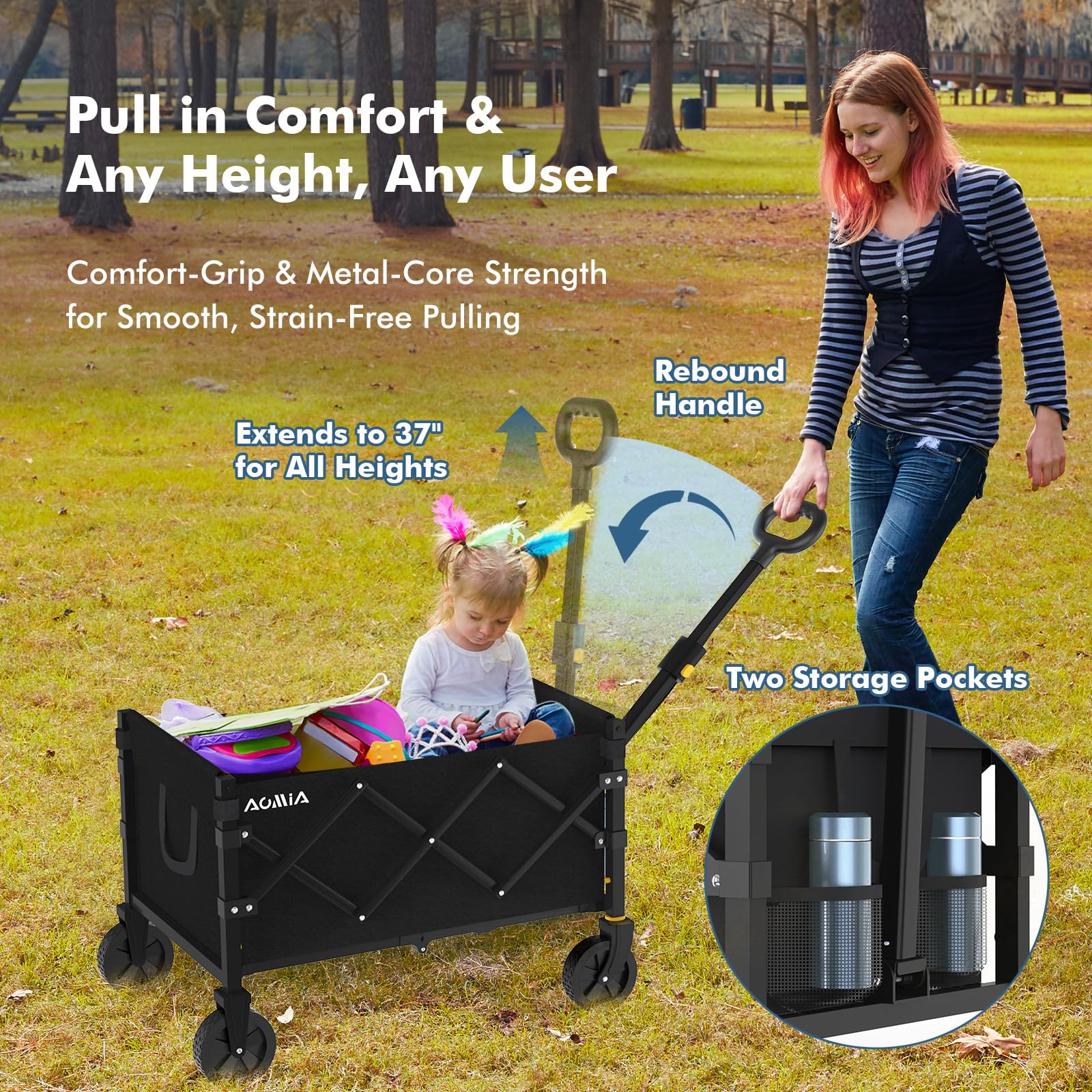 AOMIA telescoping handle extended for ergonomic pulling and reduced strain