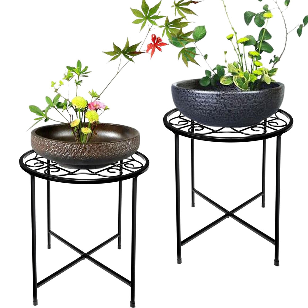 Aonagi front view of two black plant stands shows modern decor benefit