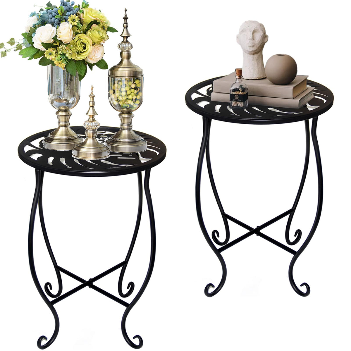 Aonagi front view of two metal side tables showing minimalist design and versatile placement
