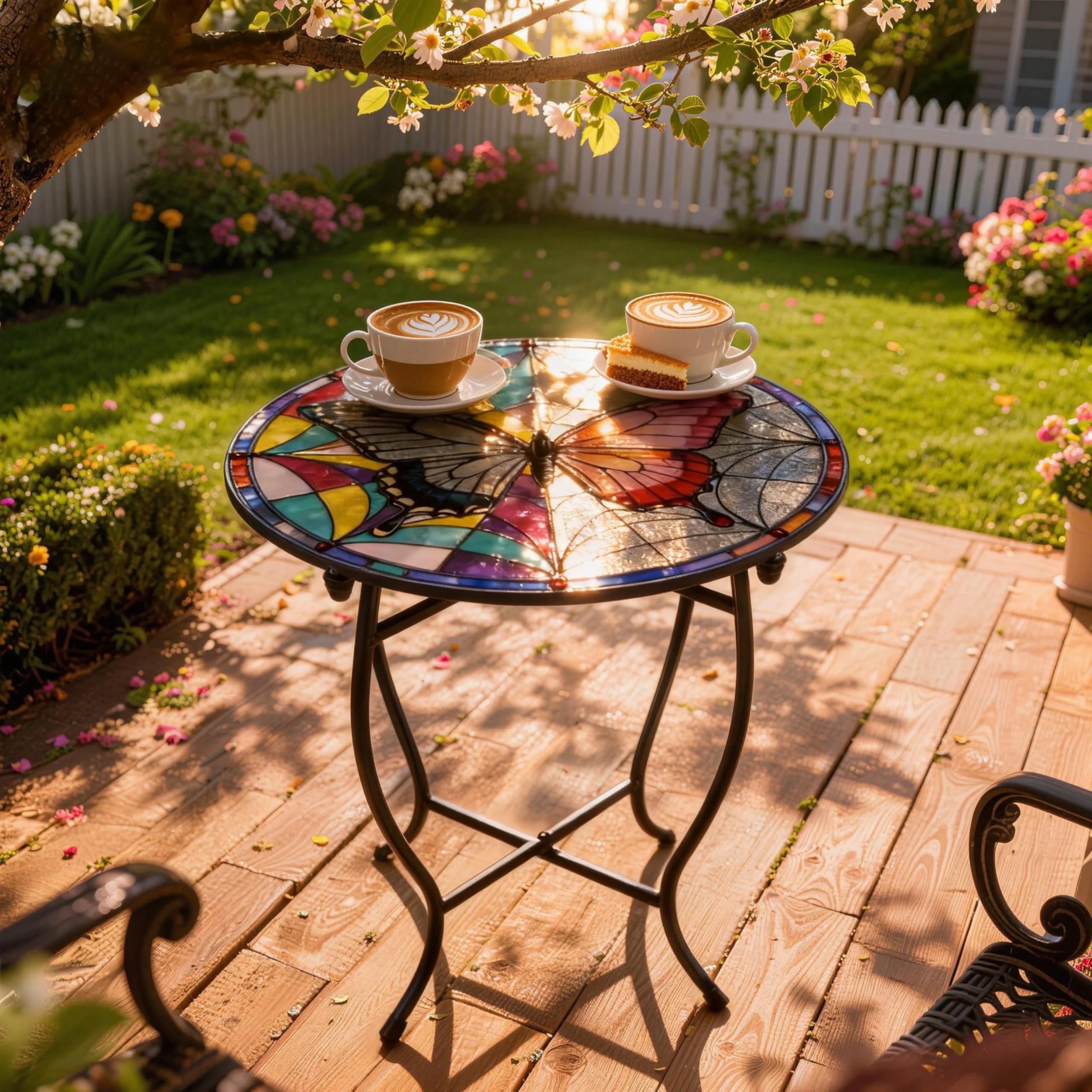 Aonagi table holding a potted plant outdoors, showcasing weather-resistant benefit