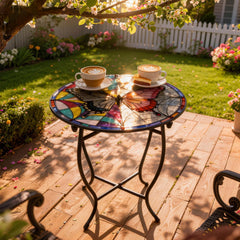 Aonagi table holding a potted plant outdoors, showcasing weather-resistant benefit