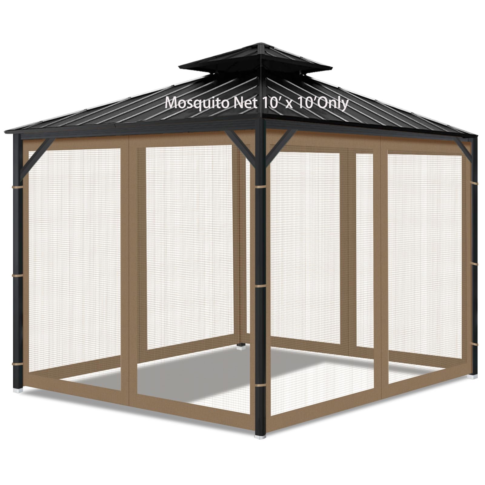 aonear front view of khaki 10x10 gazebo netting showing full enclosure and insect protection