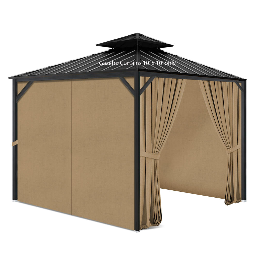aonear front view of khaki gazebo curtains shows full enclosure and privacy benefit