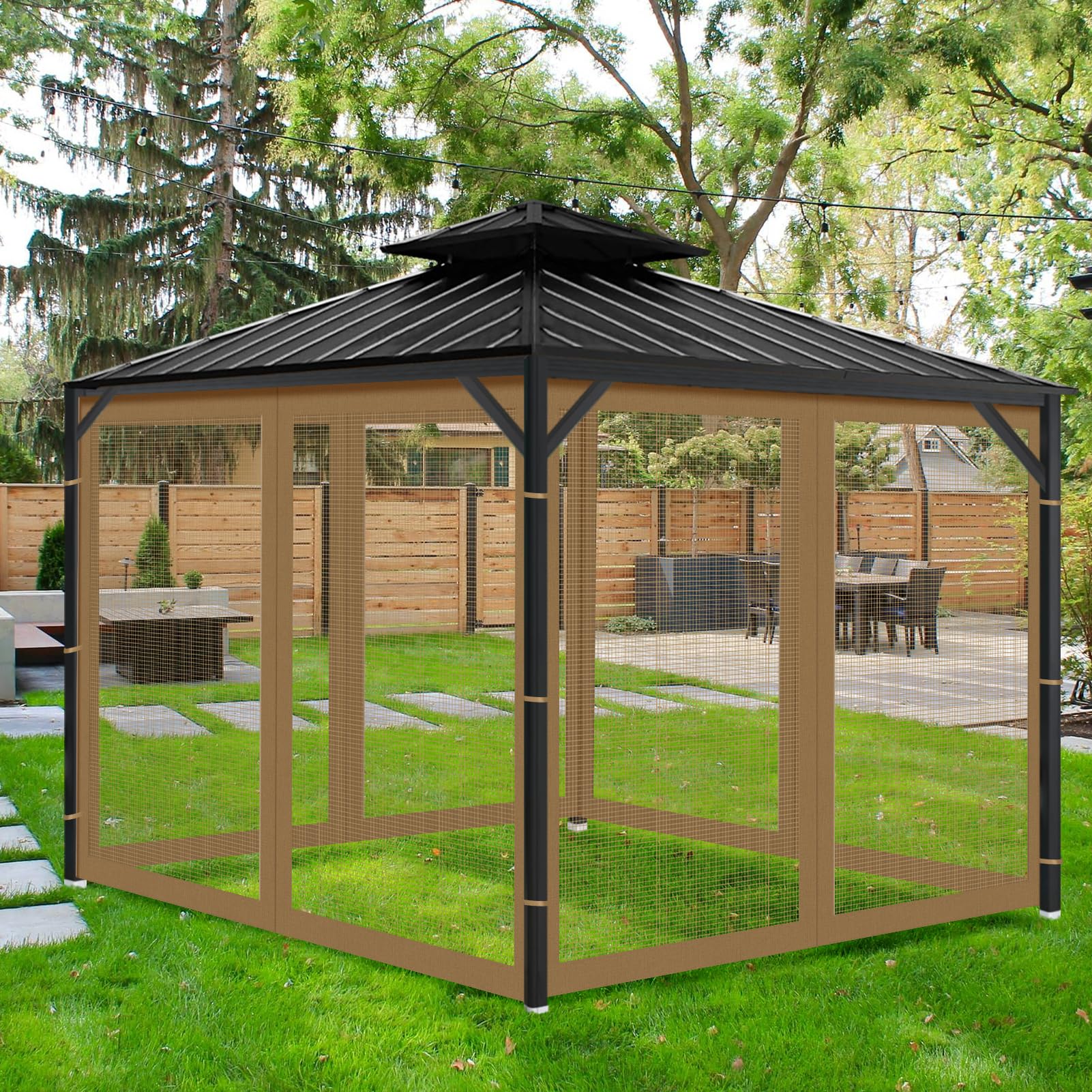 aonear lifestyle backyard dinner under netting showing comfortable pest-free dining