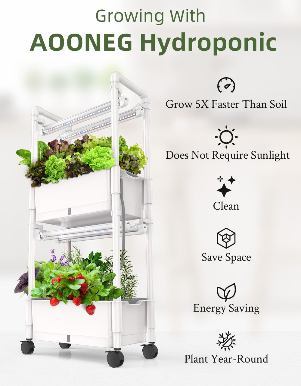 AOONEG tall plant height comparison demonstrating adjustable risers for taller crops