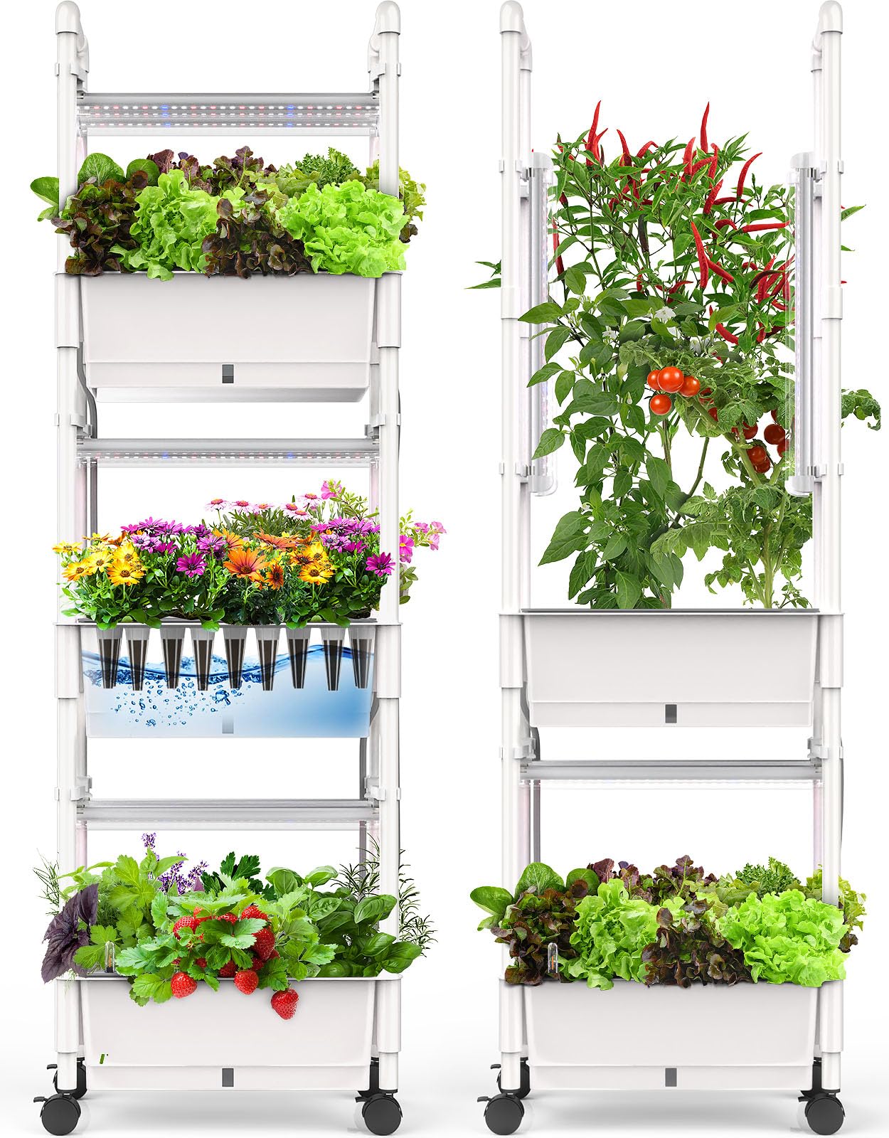 AOONEG three-tier front view showing glossy white finish and 42 pods for compact gardening benefits
