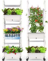 AOONEG three-tier front view showing glossy white finish and 42 pods for compact gardening benefits
